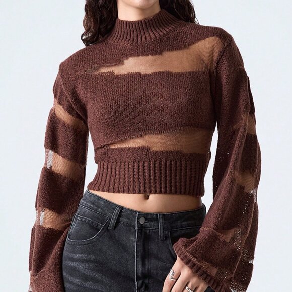 Brown Casual Women's Fashion Sheer Patchwork Flare Sleeve Cropped Sweater - Picture 5 of 7